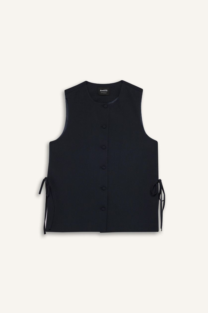 Kadın Lacivert Bisiklet Yaka Yanları Bağcıklı Basic Düz Dokuma Süveter