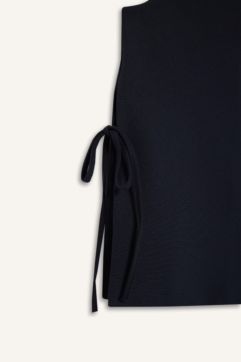 Kadın Lacivert Bisiklet Yaka Yanları Bağcıklı Basic Düz Dokuma Süveter