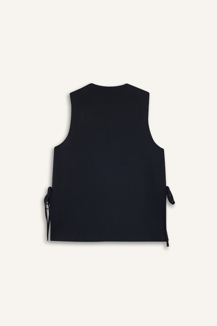 Kadın Lacivert Bisiklet Yaka Yanları Bağcıklı Basic Düz Dokuma Süveter