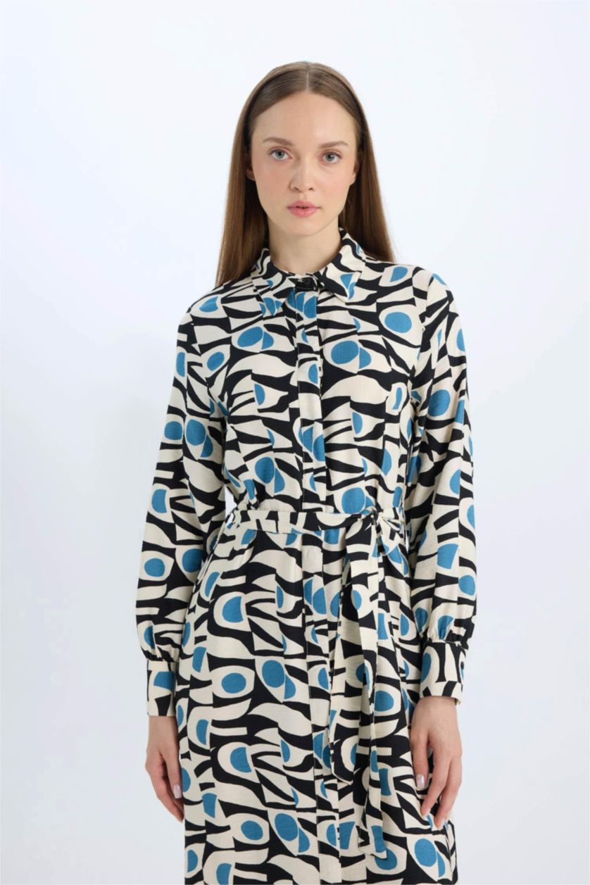 نساء كحلي فستان محجبات طويل بياخة قميص وردن طويل بحزام