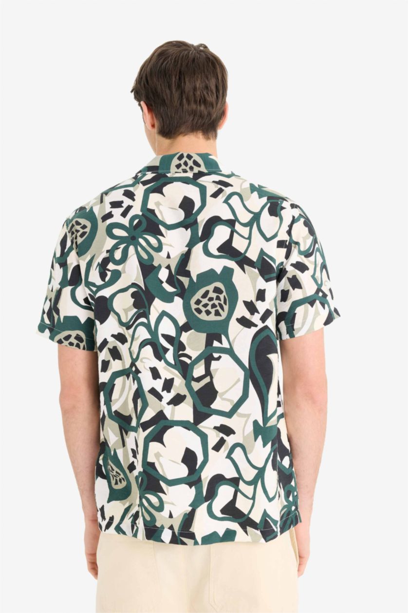 Erkek Koyu Yeşil Regular Fit Apaş Yaka Desenli Kısa Kollu Gömlek