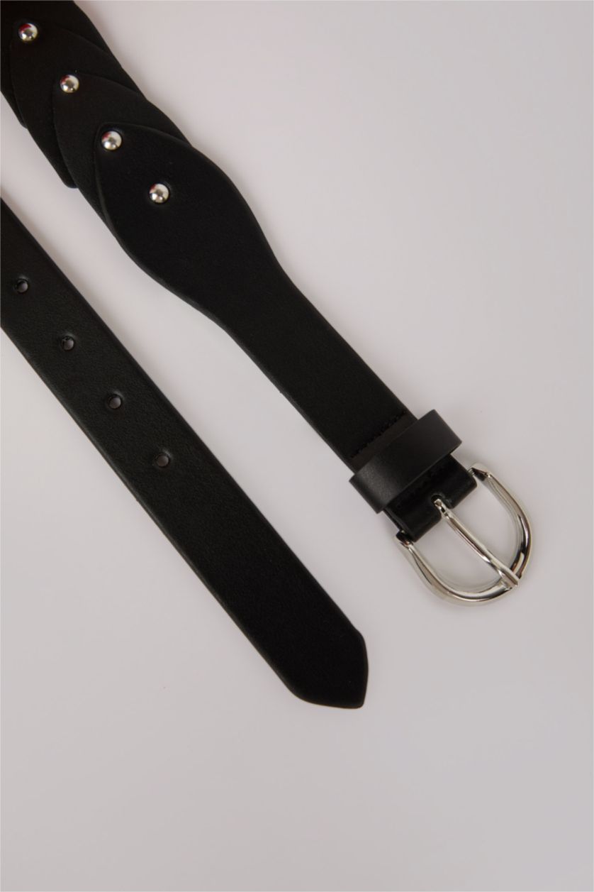 Woman Black Woman Oval Buckle Faux Leather Denim Belt