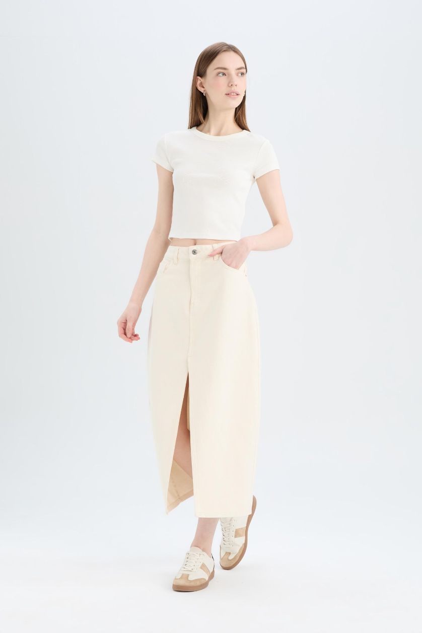 Kadın Ekru %100 Pamuk Long  Fıt Jean Uzun Boy Etek