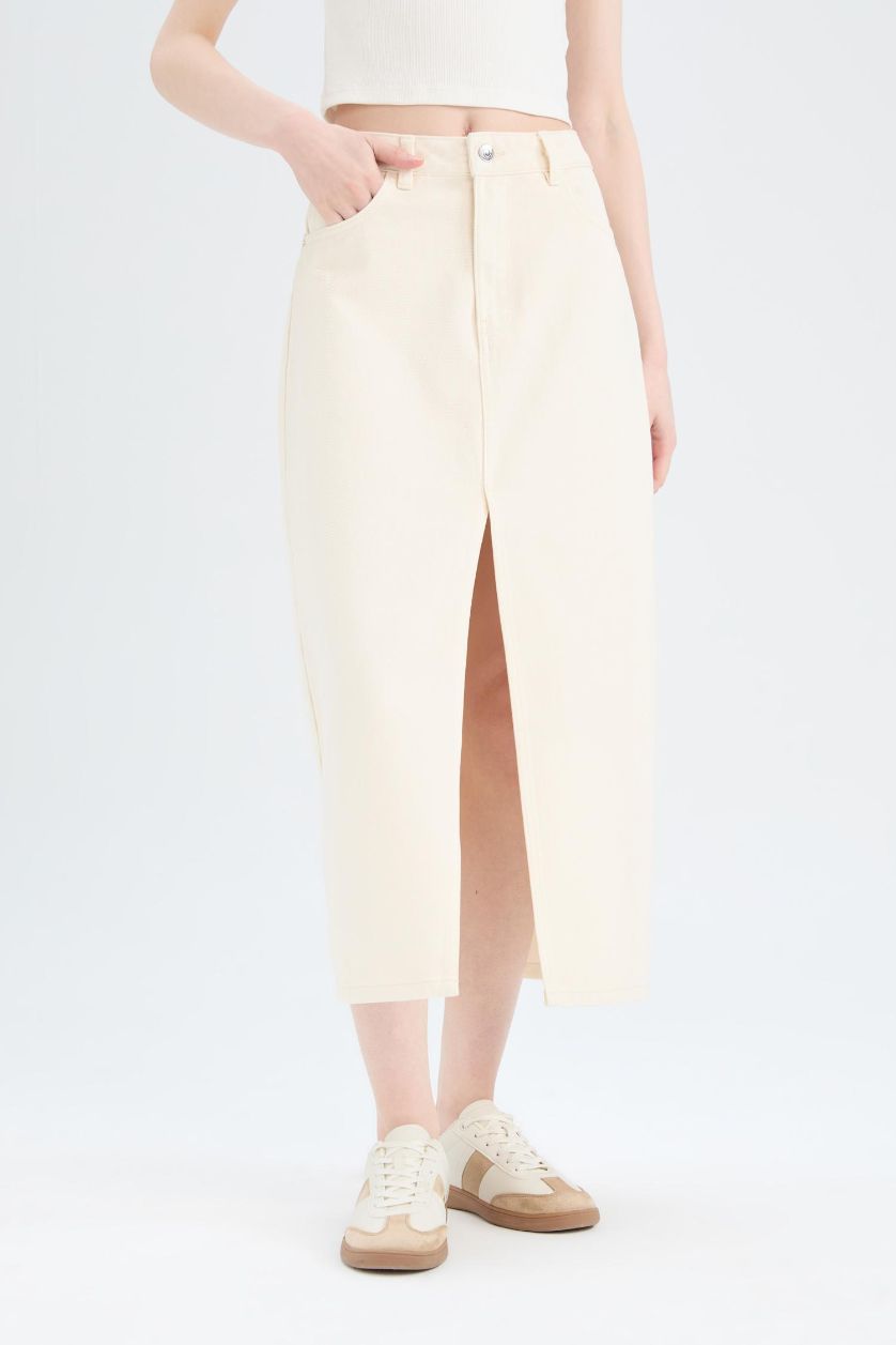 Kadın Ekru %100 Pamuk Long  Fıt Jean Uzun Boy Etek