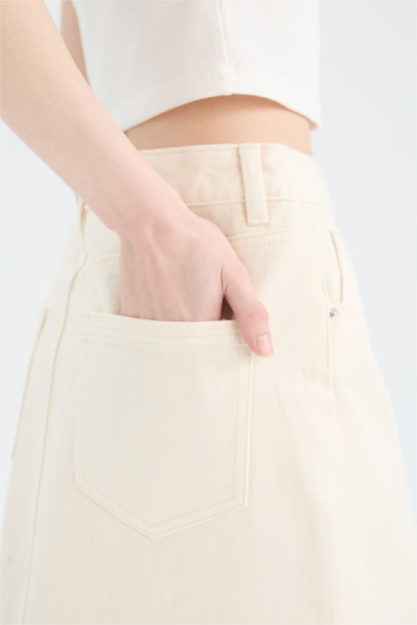 Kadın Ekru %100 Pamuk Long  Fıt Jean Uzun Boy Etek