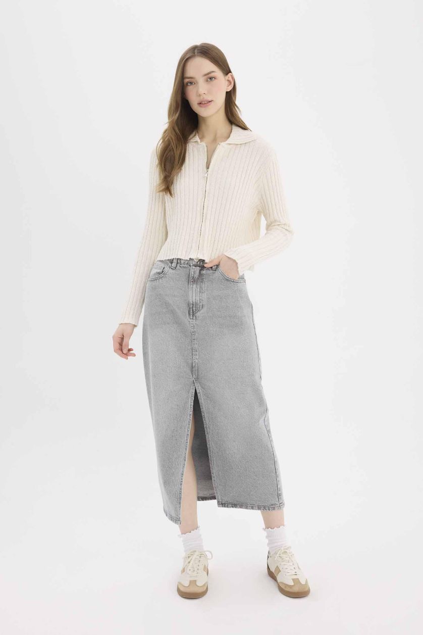 Woman Grey Long Fit Denim Skirt