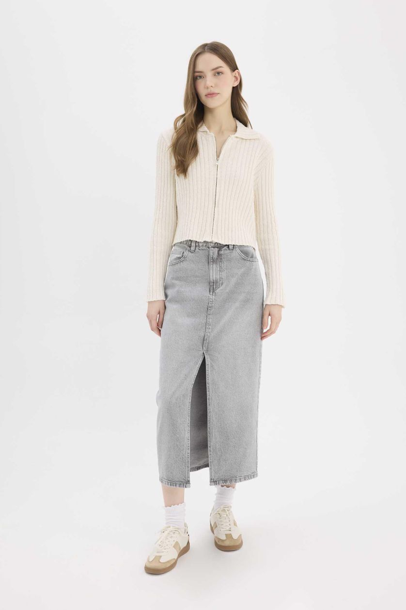 Woman Grey Long Fit Denim Skirt