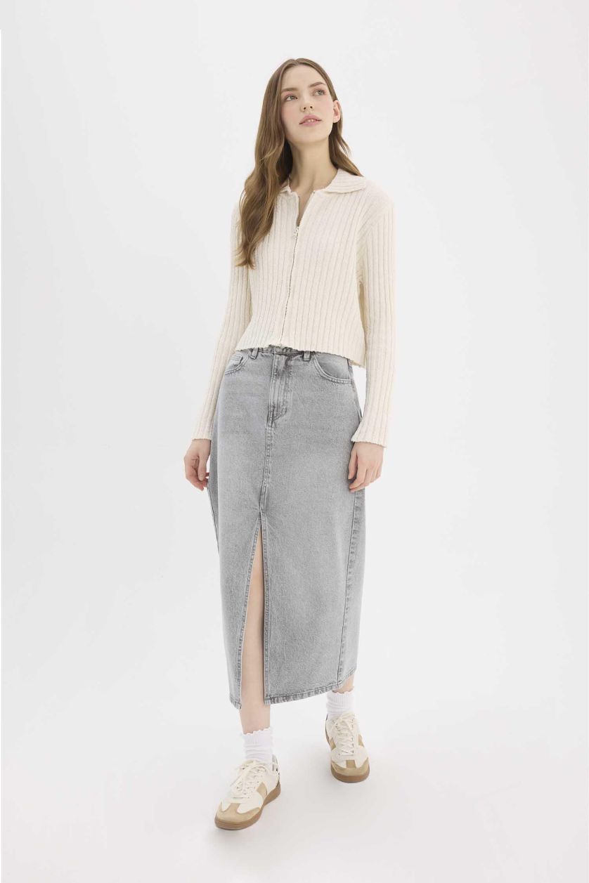 Woman Grey Long Fit Denim Skirt