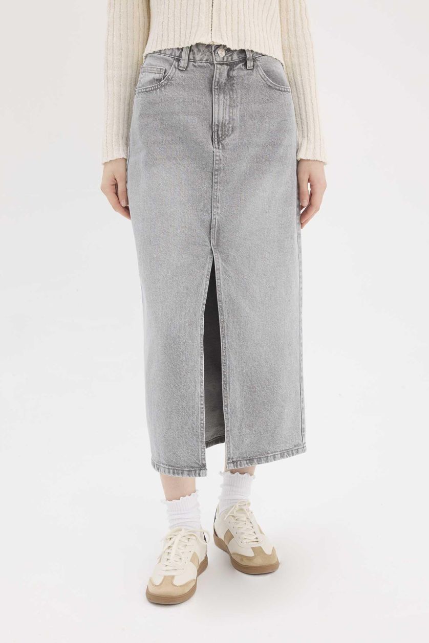 Woman Grey Long Fit Denim Skirt