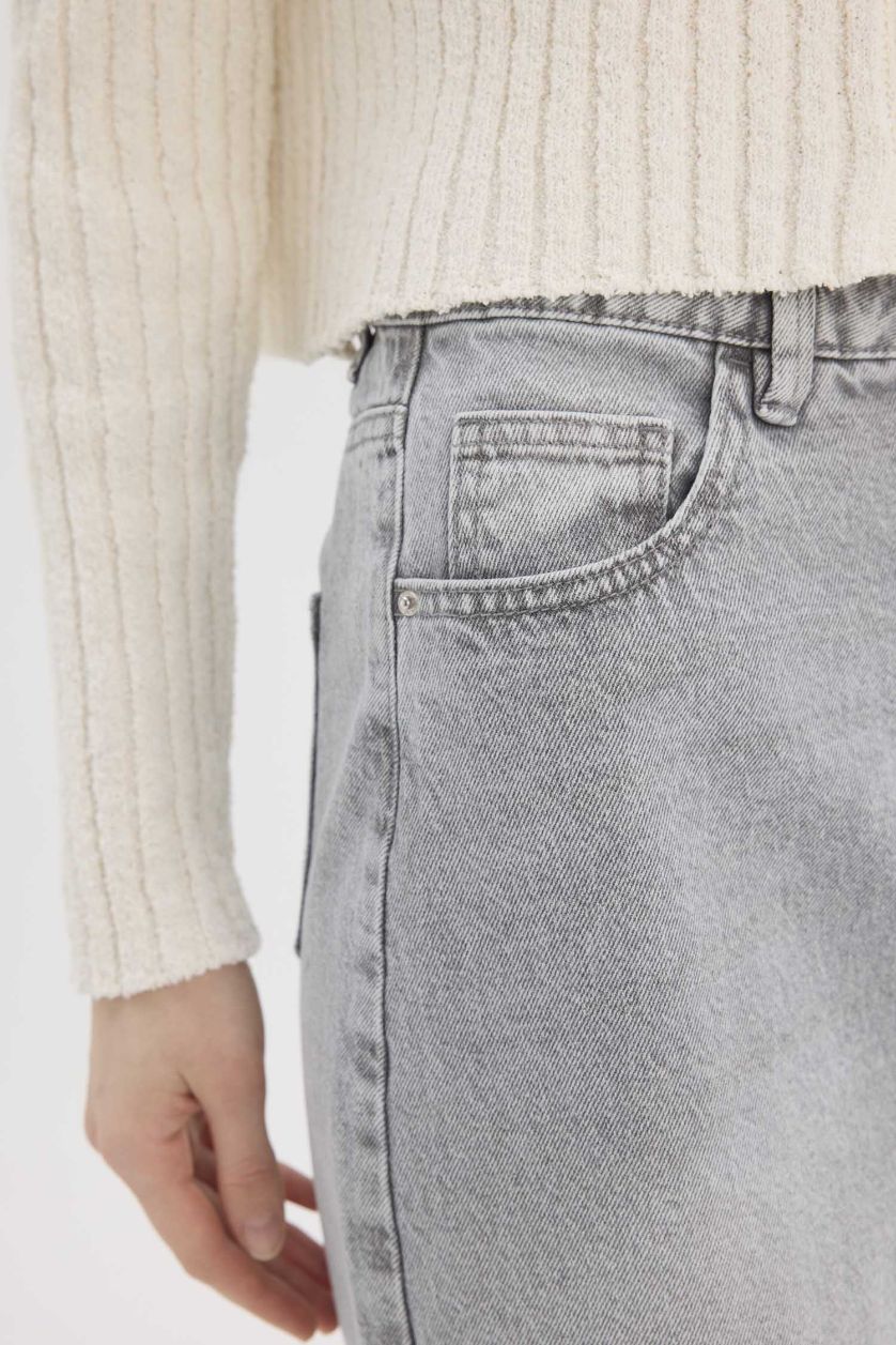 Woman Grey Long Fit Denim Skirt
