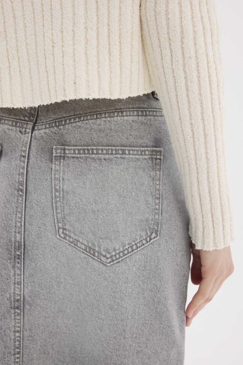 Woman Grey Long Fit Denim Skirt