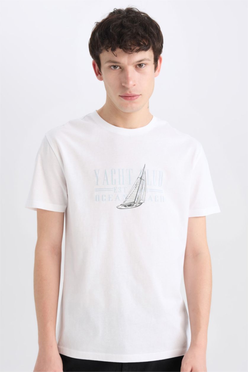 رجالي أبيض تيشيرت قطن قصة عادية برقبة مستديرة