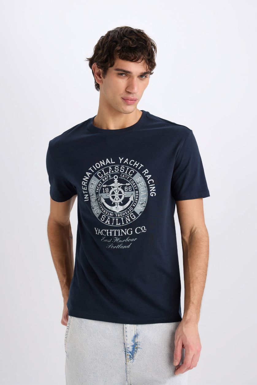 رجال كحلي تيشيرت نص كم مطبوع قصة عادية برقبة مستديرة