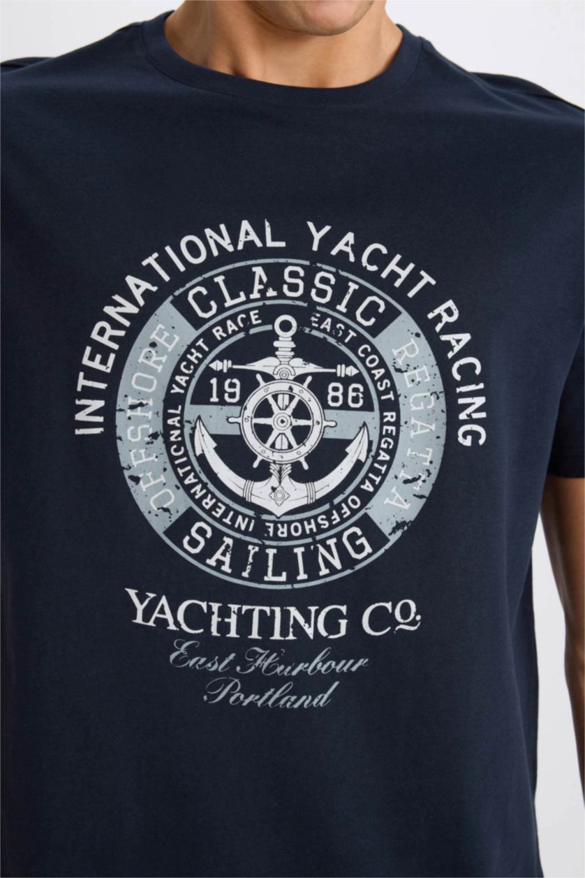 رجال كحلي تيشيرت نص كم مطبوع قصة عادية برقبة مستديرة