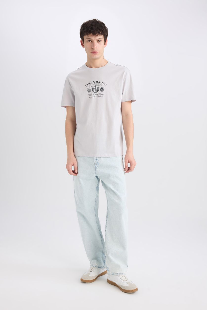 Erkek Açık Gri %100 Pamuk Regular Fit Bisiklet Yaka Baskılı Kısa Kollu Tişört