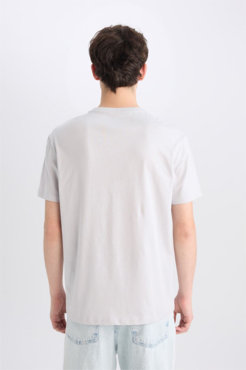 Erkek Açık Gri %100 Pamuk Regular Fit Bisiklet Yaka Baskılı Kısa Kollu Tişört