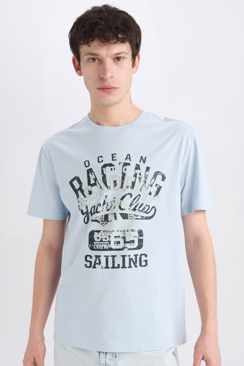 Erkek Açık Mavi %100 Pamuk Regular Fit Bisiklet Yaka Baskılı Kısa Kollu Tişört