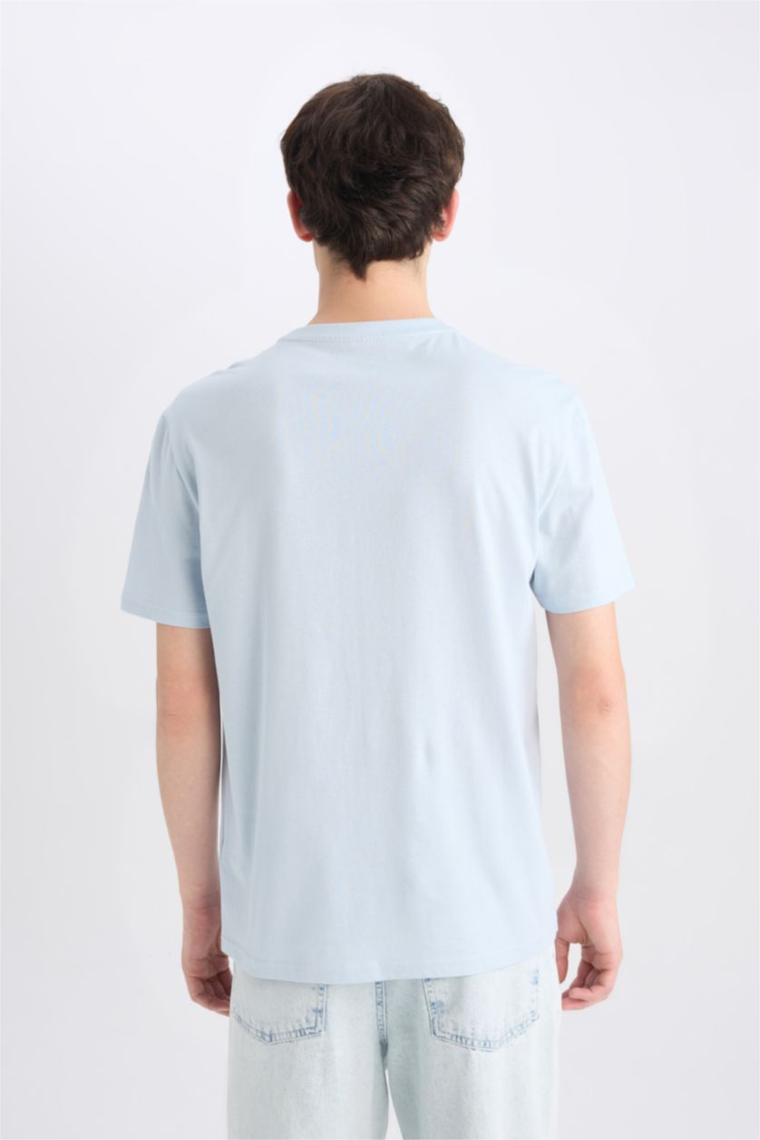 Erkek Açık Mavi %100 Pamuk Regular Fit Bisiklet Yaka Baskılı Kısa Kollu Tişört