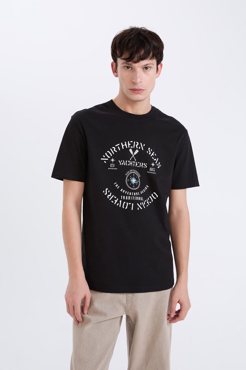 رجالي أسود تيشيرت قطن نص كم قصة عادية بحري بياقة مستديرة