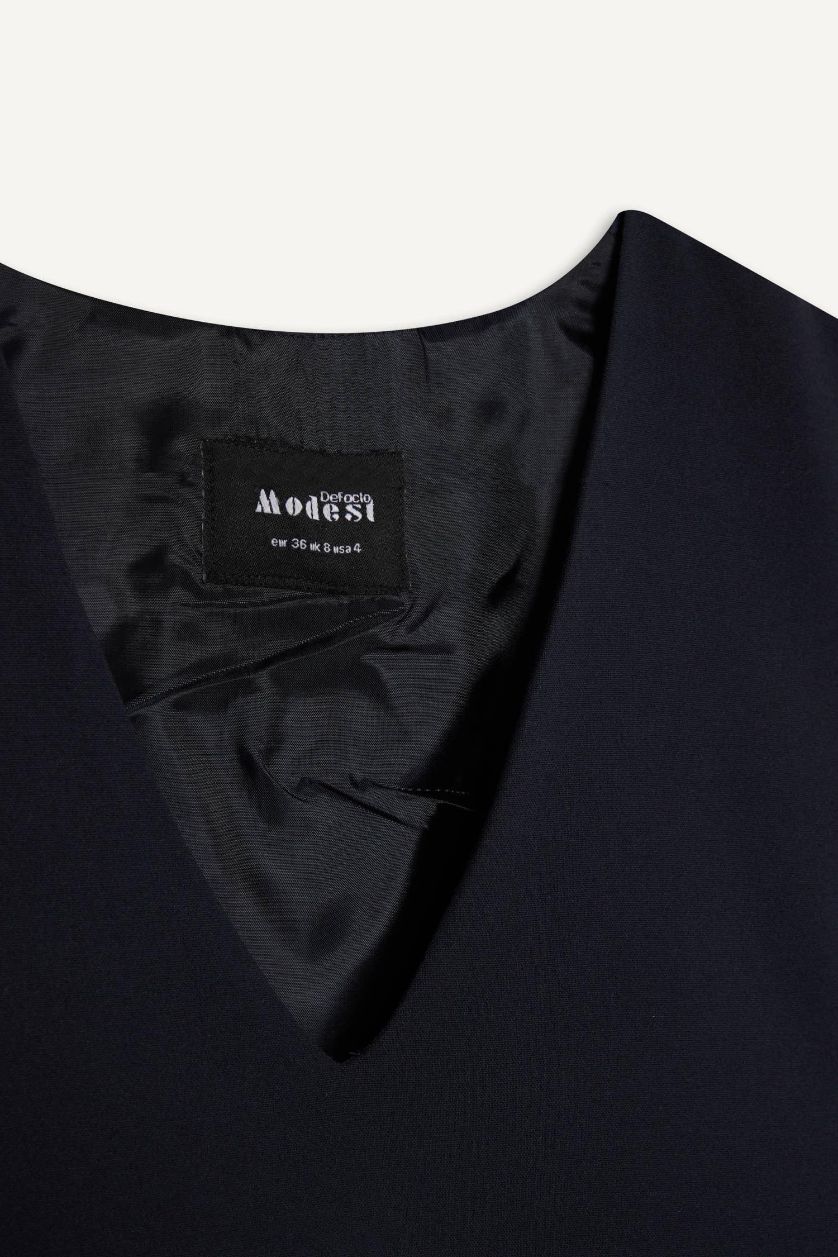 Kadın Lacivert Regular Fit V Yaka Basic Düz Uzun Cepli Süveter