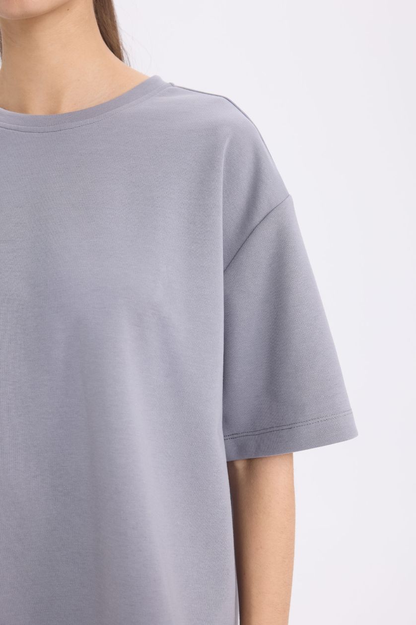 نساء رمادي فاتح تيشيرت كاجوال نص ردن قصة مريحة بياخة مستديرة