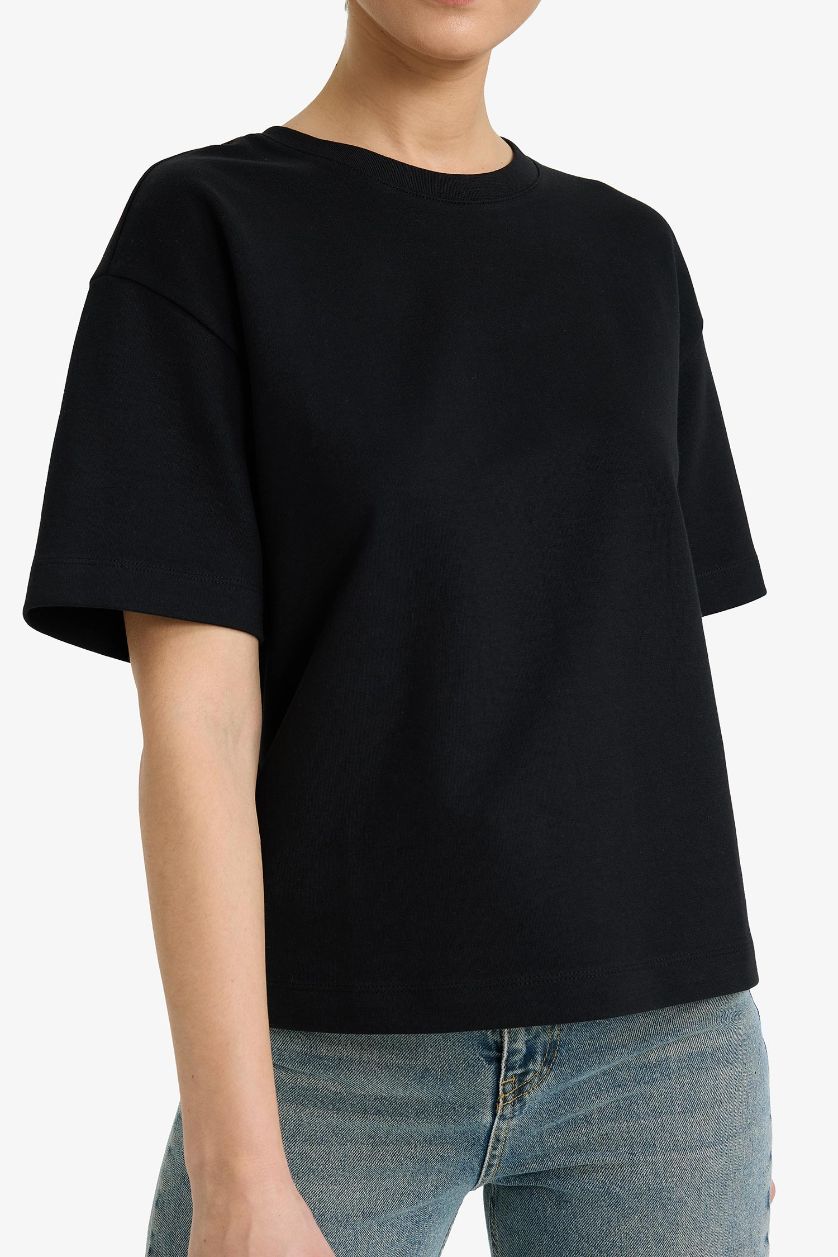 نساء أسود تيشيرت نص كم اوفر سايز برقبة مستديرة