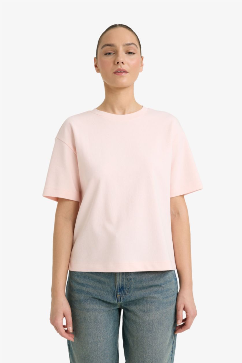 نساء زهري فاتح تيشيرت نص كم اوفر سايز برقبة مستديرة