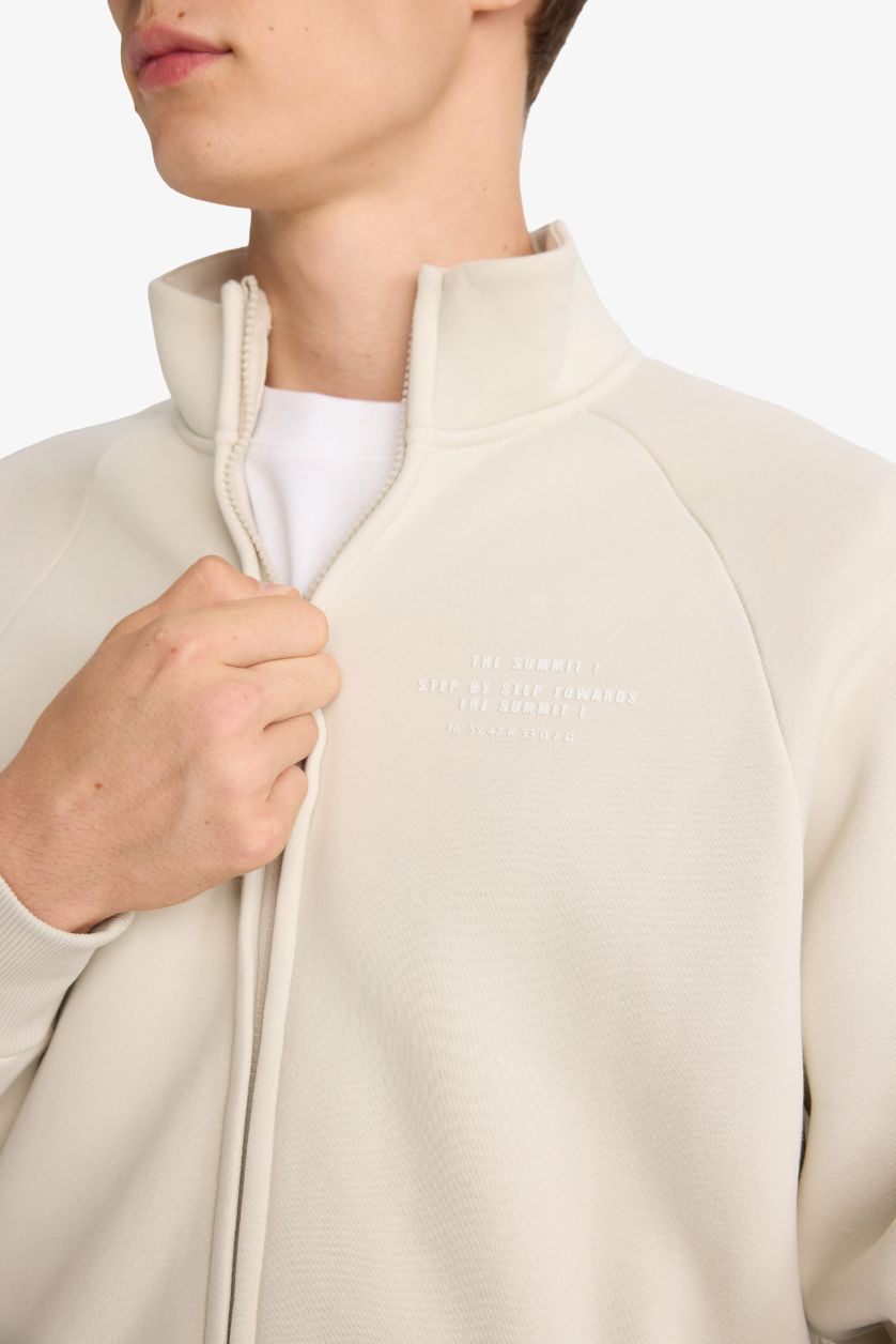 Erkek Taş Boxy Fit Dik Yaka Baskılı İçi Yumuşak Tüylü Fermuarlı Sweatshirt