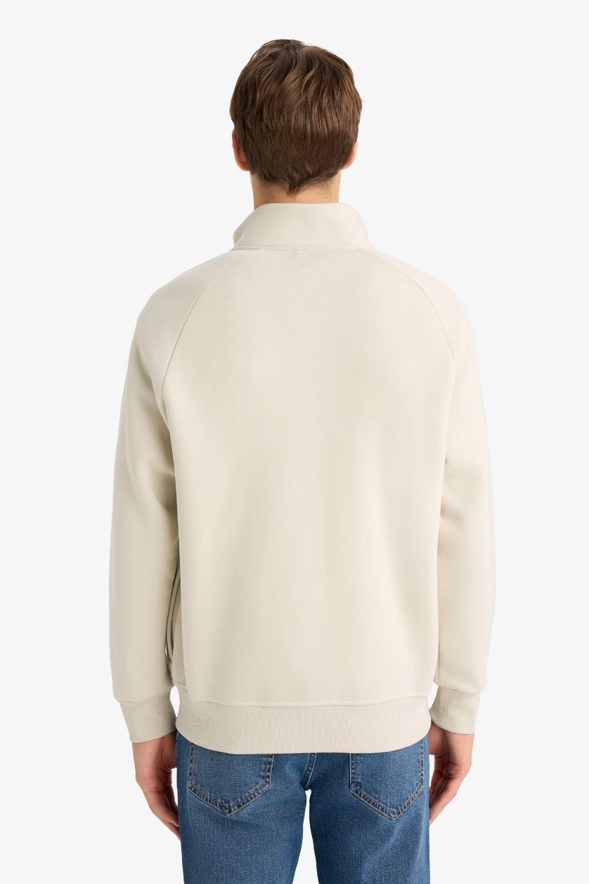 Erkek Taş Boxy Fit Dik Yaka Baskılı İçi Yumuşak Tüylü Fermuarlı Sweatshirt