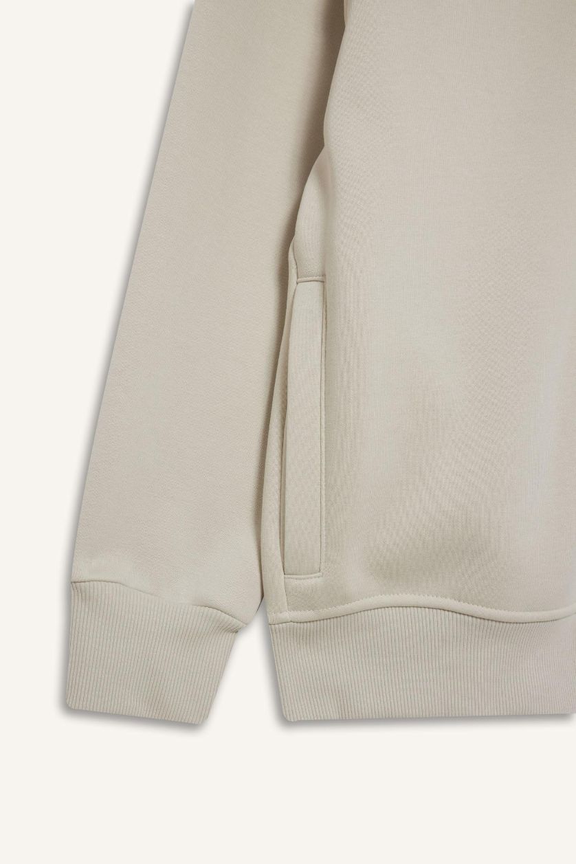 Erkek Taş Boxy Fit Dik Yaka Baskılı İçi Yumuşak Tüylü Fermuarlı Sweatshirt