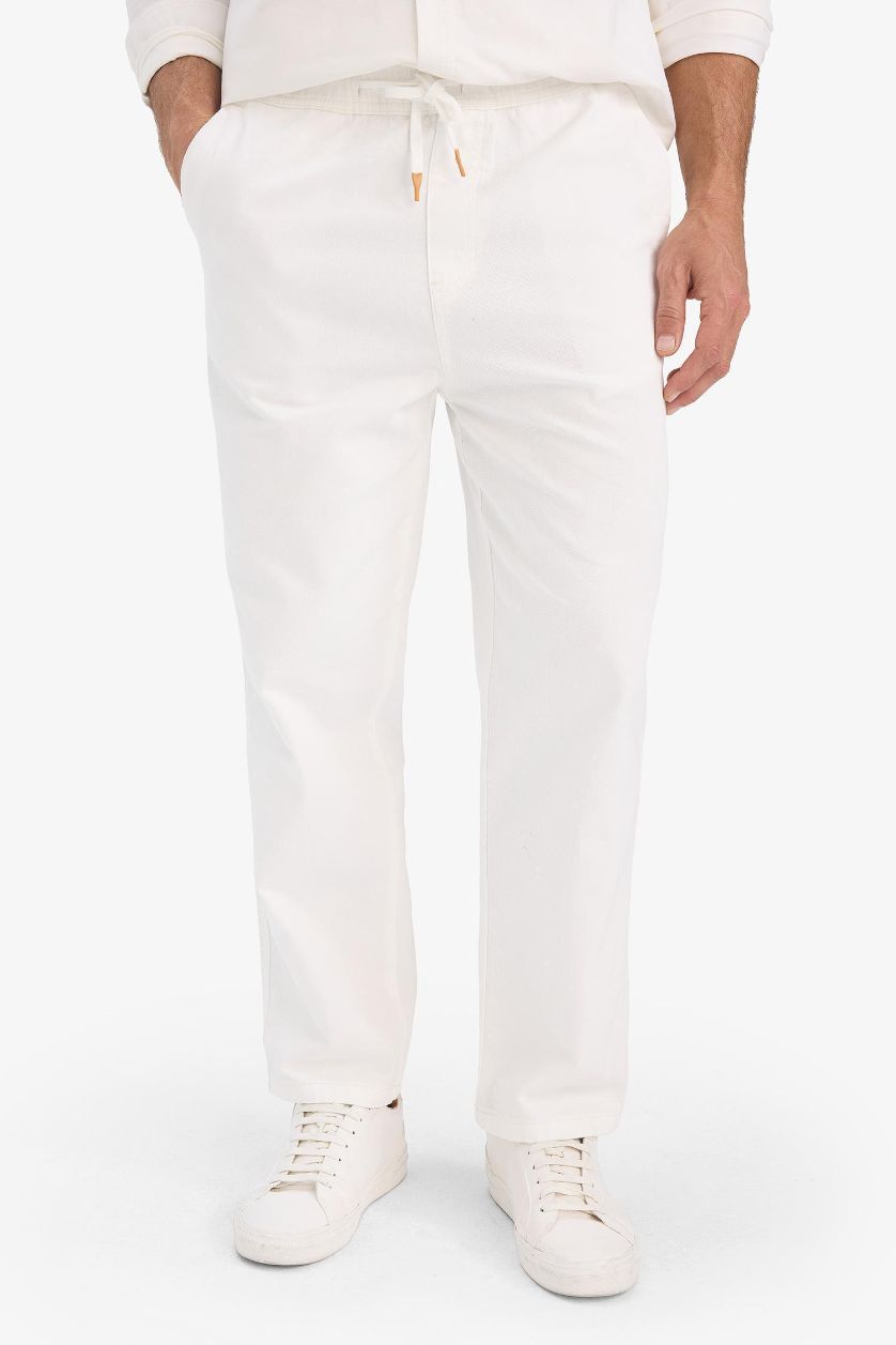 Erkek Beyaz %100 Pamuk Wide Leg Beli Bağcıklı Lastikli Geniş Paça Jean Pantolon