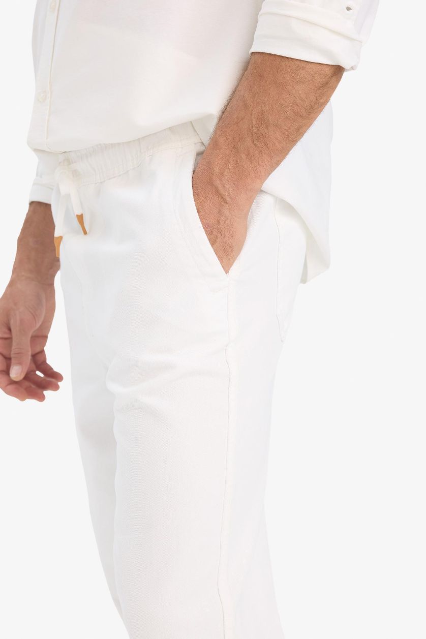 Erkek Beyaz %100 Pamuk Wide Leg Beli Bağcıklı Lastikli Geniş Paça Jean Pantolon