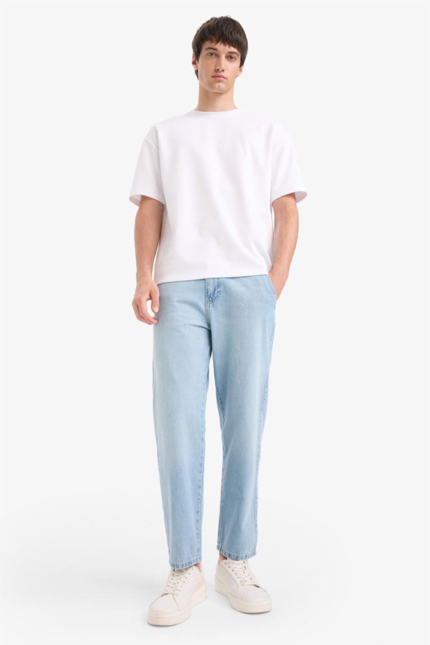 Man Light Blue 100% Cotton Relax Fit Wide Leg Jeans