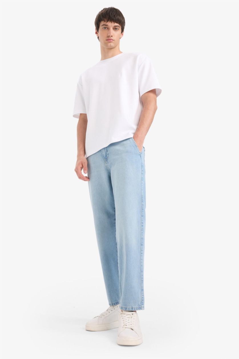 Man Light Blue 100% Cotton Relax Fit Wide Leg Jeans