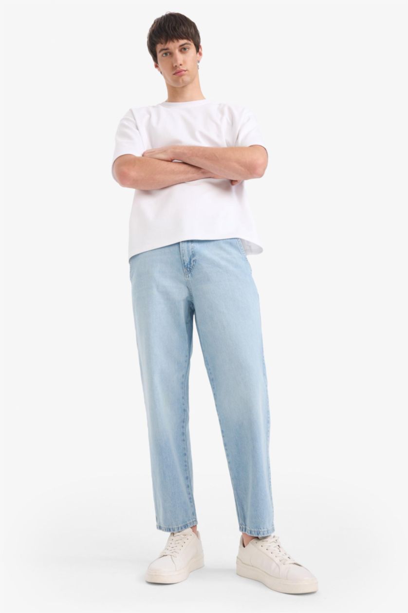 Man Light Blue 100% Cotton Relax Fit Wide Leg Jeans