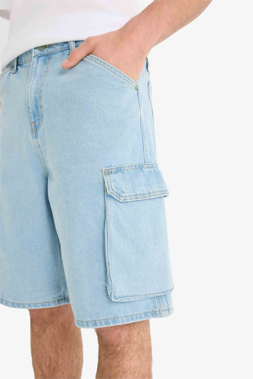 Erkek Açık Mavi %100 Pamuk Kargo Fit Jean Bermuda Şort