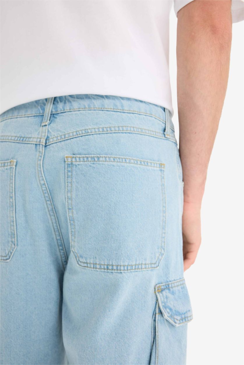 Erkek Açık Mavi %100 Pamuk Kargo Fit Jean Bermuda Şort