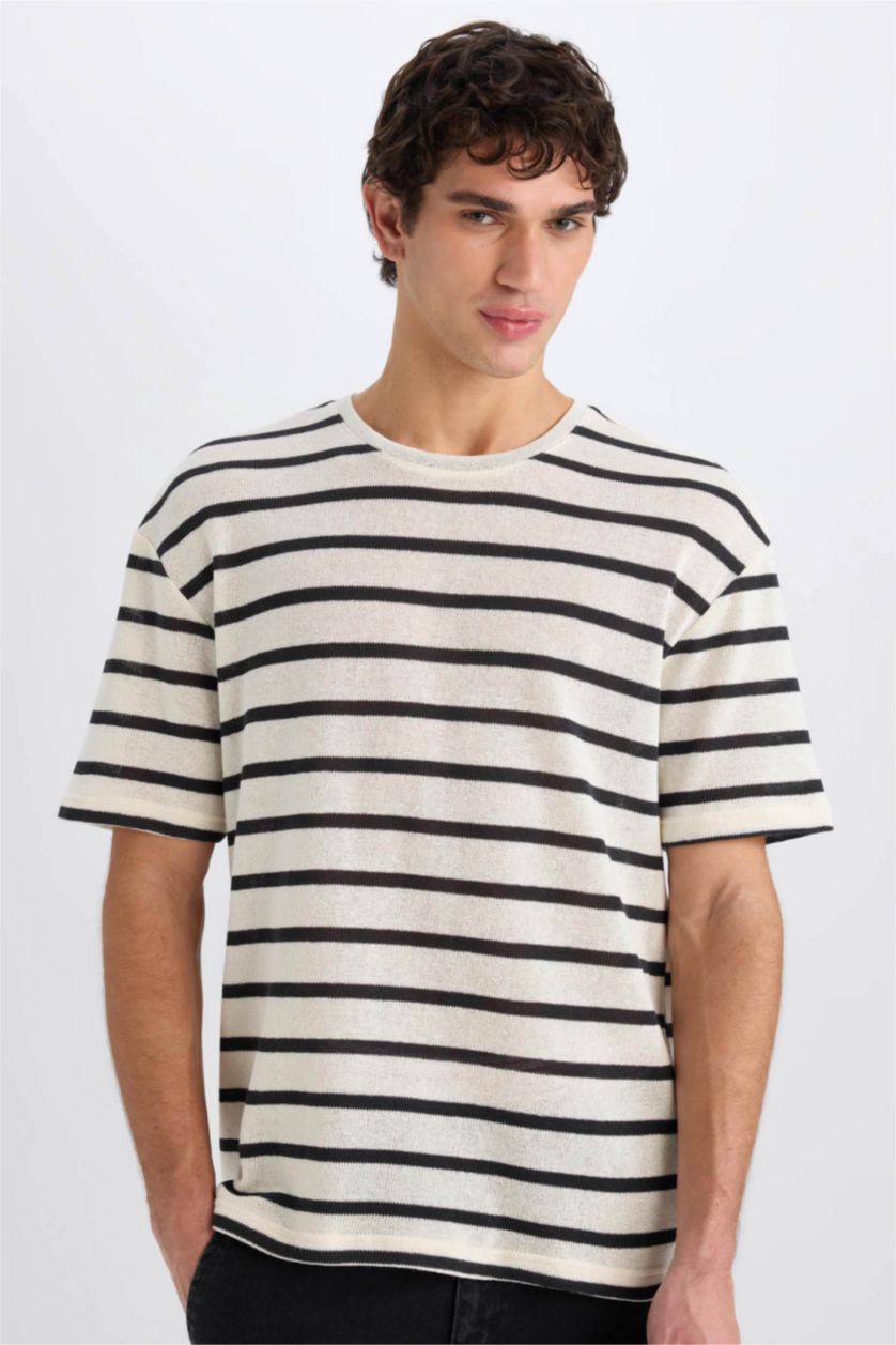 Erkek Ekru Boxy Fit Bisiklet Yaka Çizgili Kısa Kollu Tişört