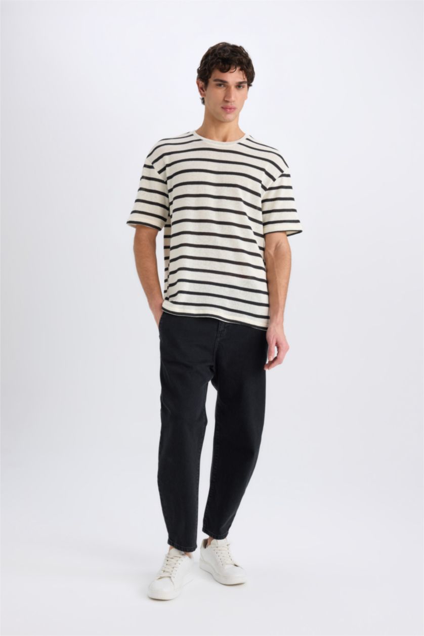 Erkek Ekru Boxy Fit Bisiklet Yaka Çizgili Kısa Kollu Tişört