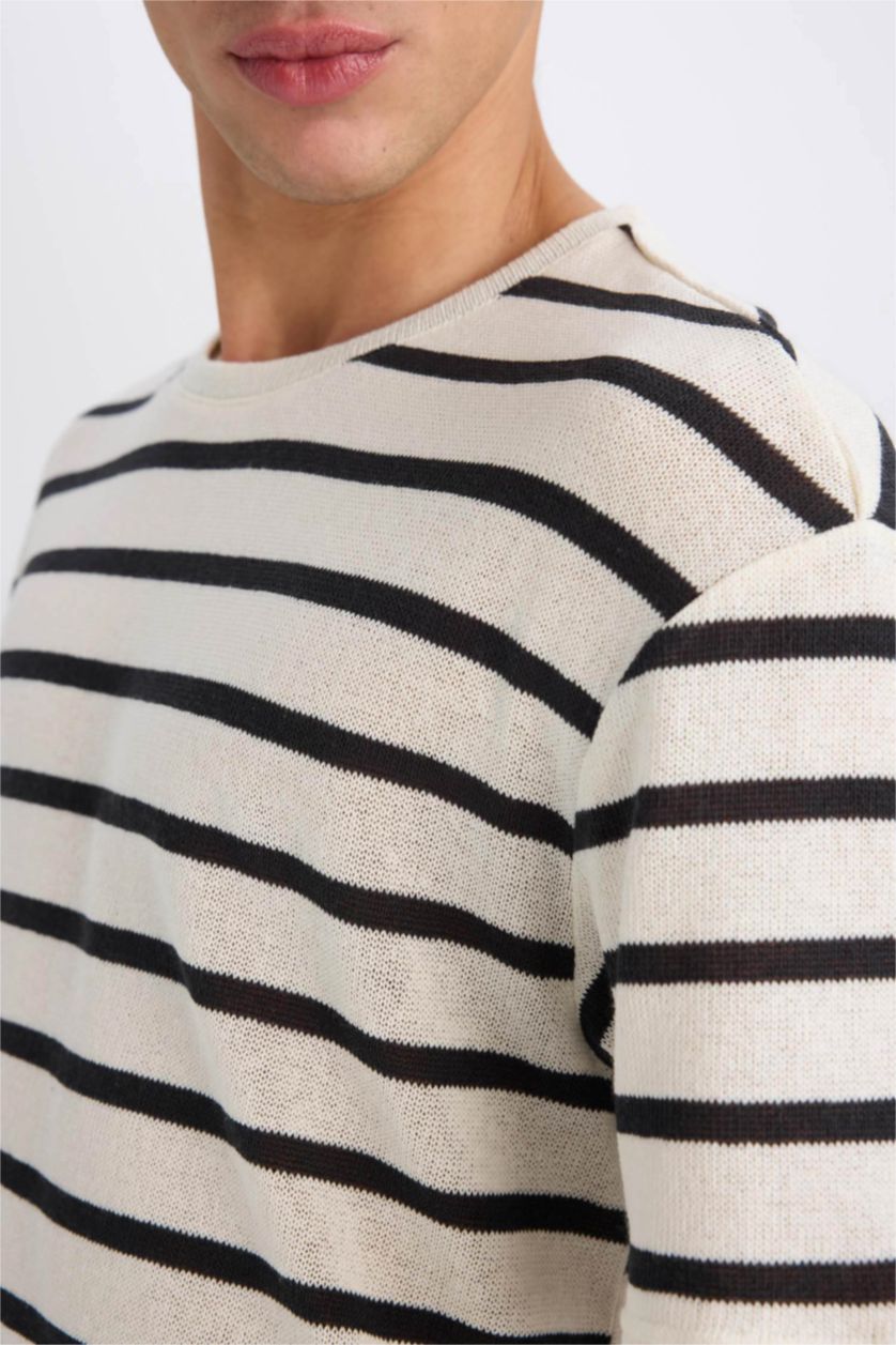 Erkek Ekru Boxy Fit Bisiklet Yaka Çizgili Kısa Kollu Tişört