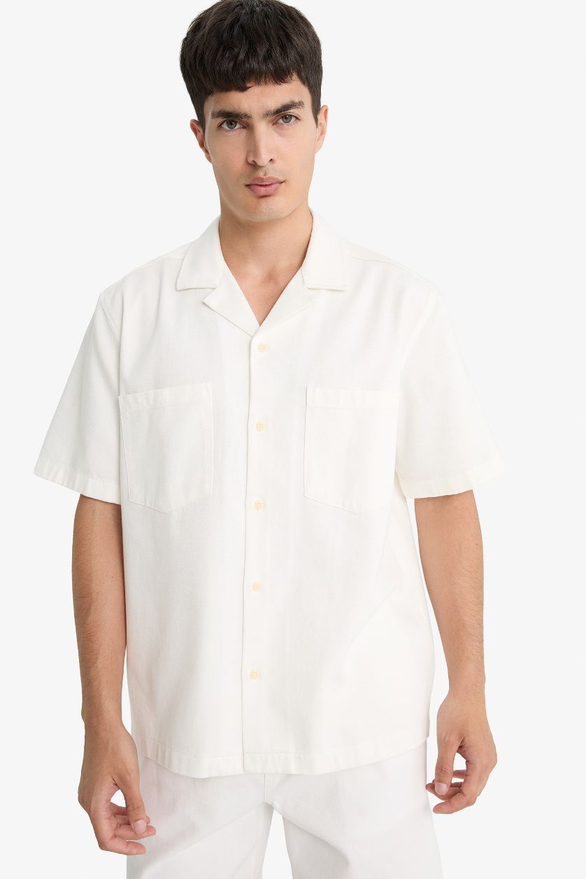 Erkek Beyaz %100 Pamuk Relax Fit Pamuklu Kısa Kollu Gömlek