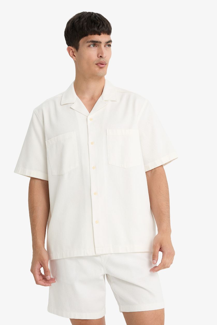 Erkek Beyaz %100 Pamuk Relax Fit Pamuklu Kısa Kollu Gömlek