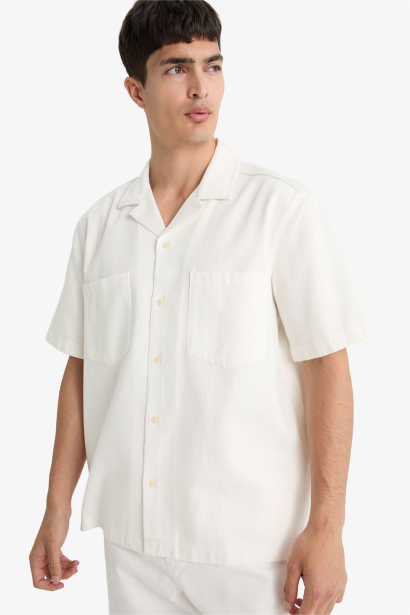 Erkek Beyaz %100 Pamuk Relax Fit Pamuklu Kısa Kollu Gömlek