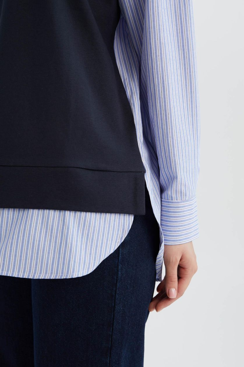 Kadın Lacivert Bisiklet Yaka Çizgili Gömlek Görünümlü Sweatshirt Tunik