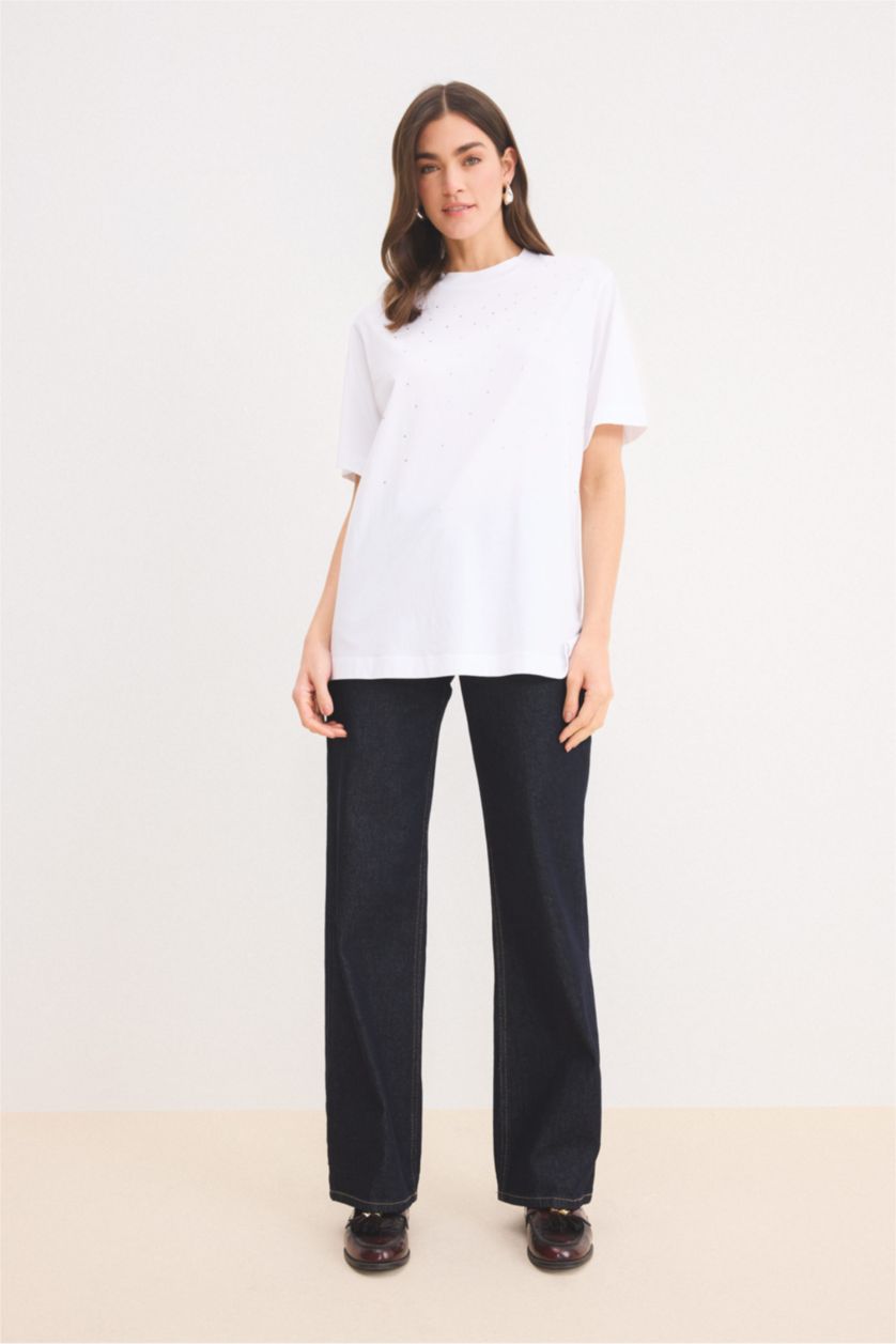 نساء أبيض تونيكة نص كم قصة عادية بياقة مستديرة