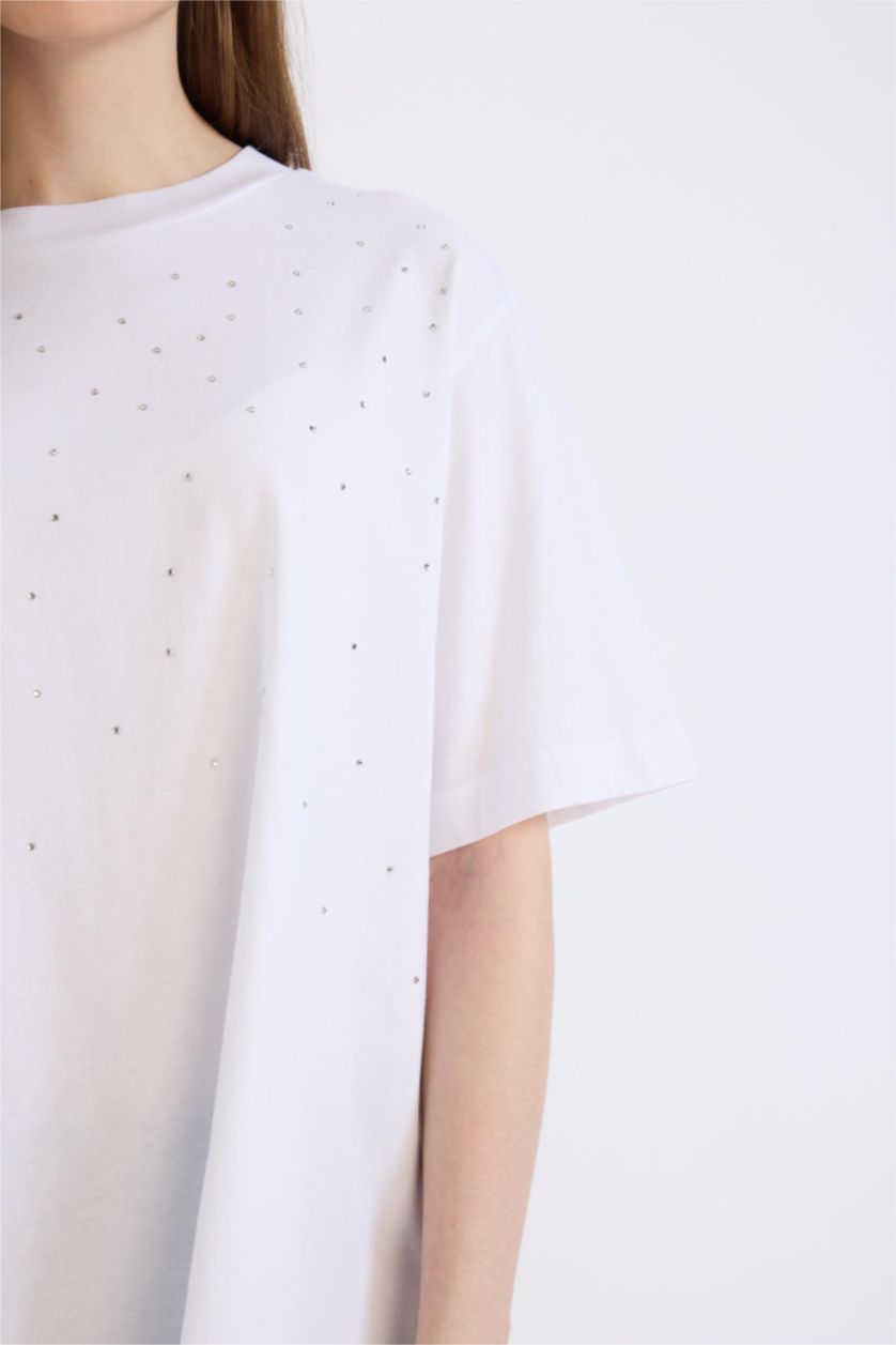 نساء أبيض تونيكة نص كم قصة عادية بياقة مستديرة