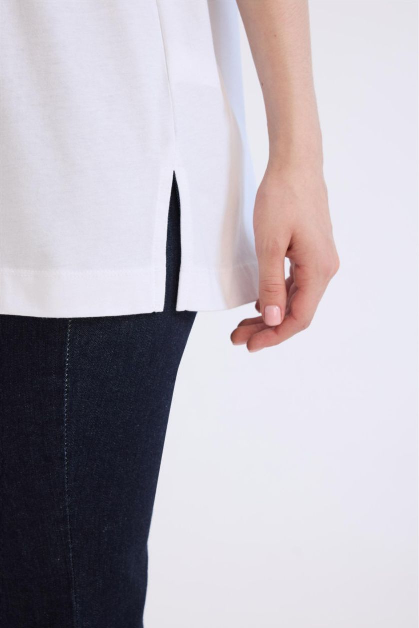 نساء أبيض تونيكة نص كم قصة عادية بياقة مستديرة