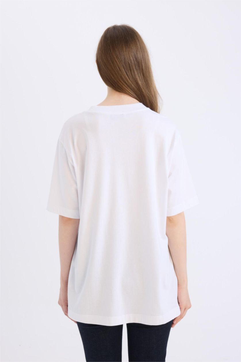 نساء أبيض تونيكة نص كم قصة عادية بياقة مستديرة