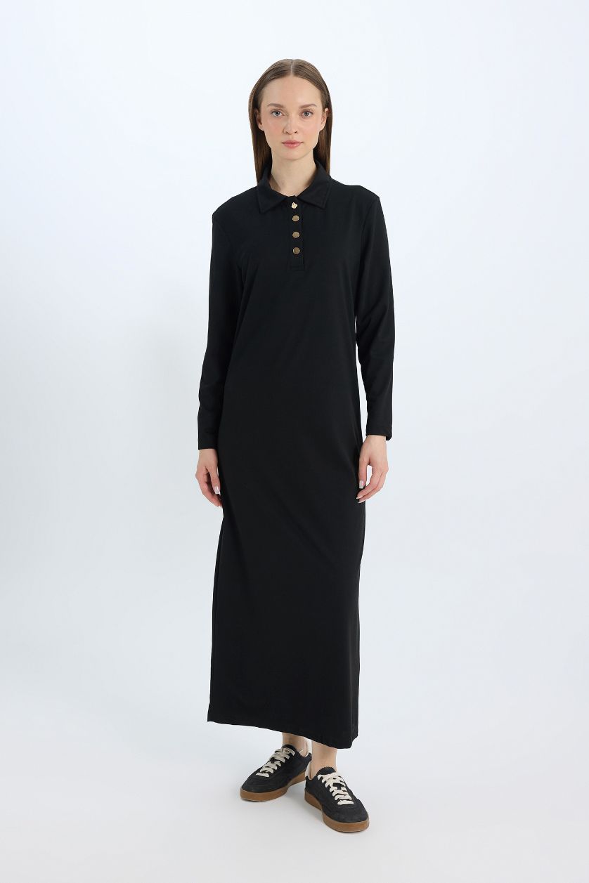 WOMAN Black Regular Fit Shirt Collar Basic Pique Maxi Dress