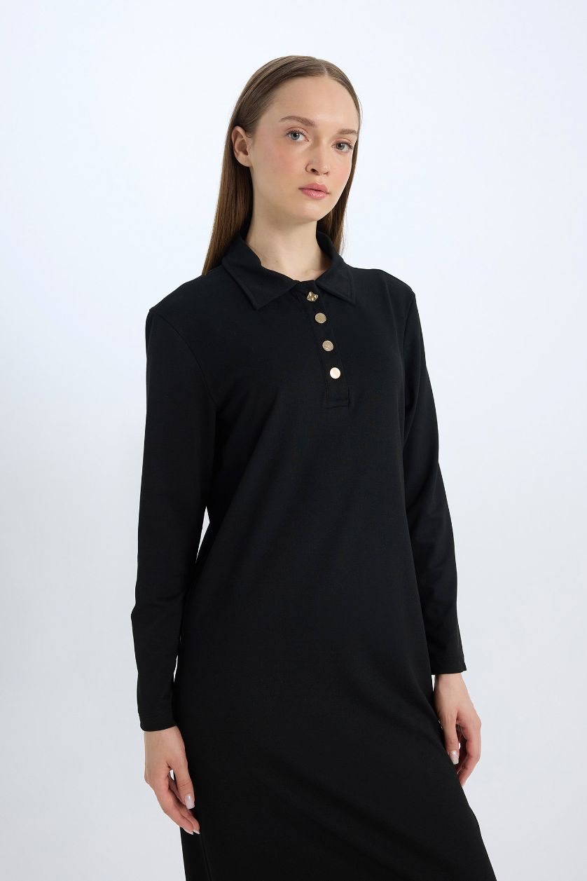 WOMAN Black Regular Fit Shirt Collar Basic Pique Maxi Dress